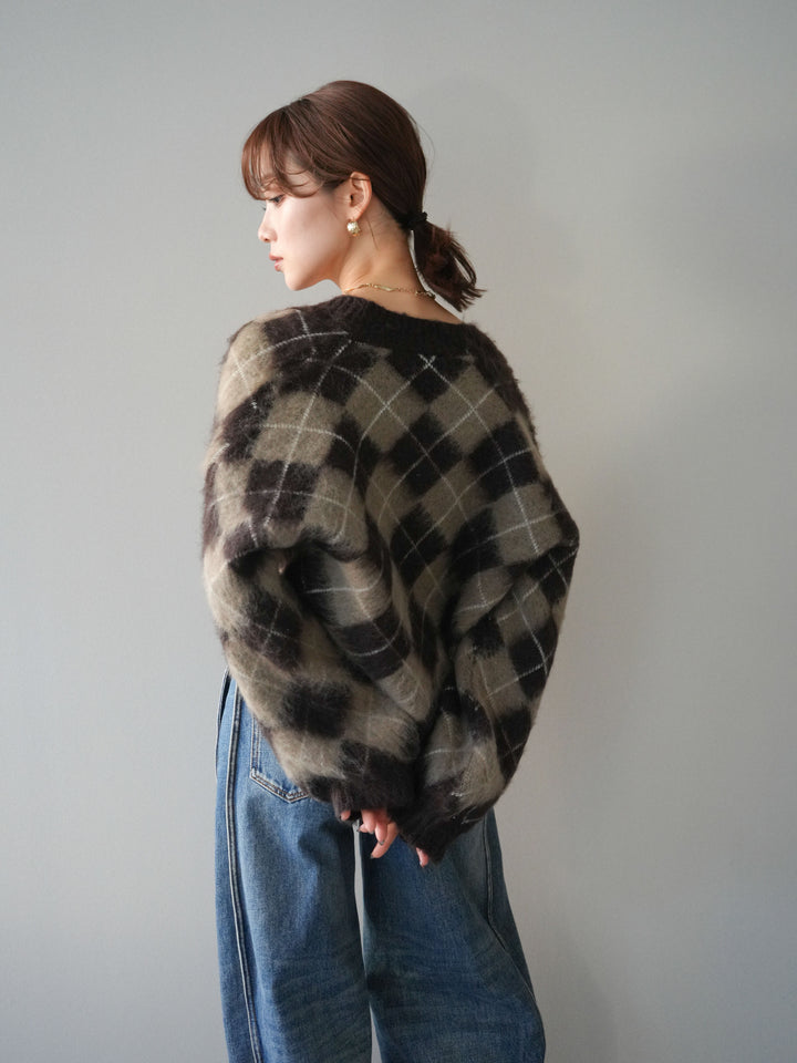 [予約]アーガイルシャギーニットカーディガン/brown