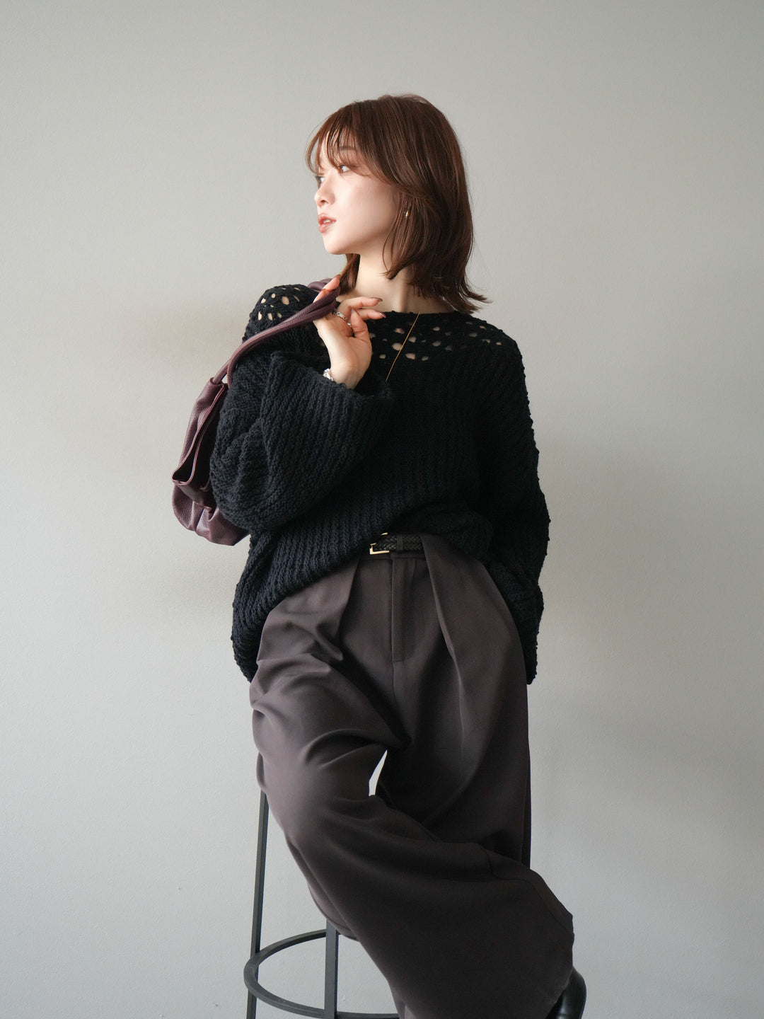 [予約]ボートネック透かし編みニットプルオーバー/navy