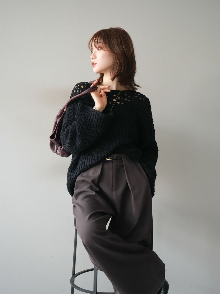 [予約]ボートネック透かし編みニットプルオーバー/navy