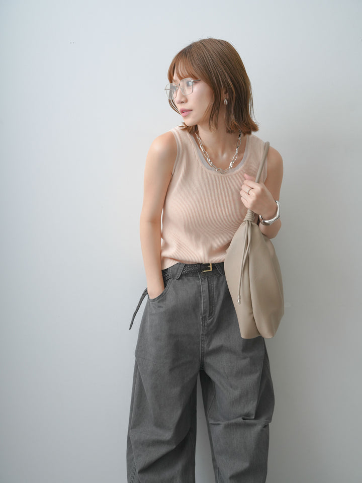 [SET]チュールトリムリブニットタンクトップ+ウォッシュタックカーブパンツ(2set)