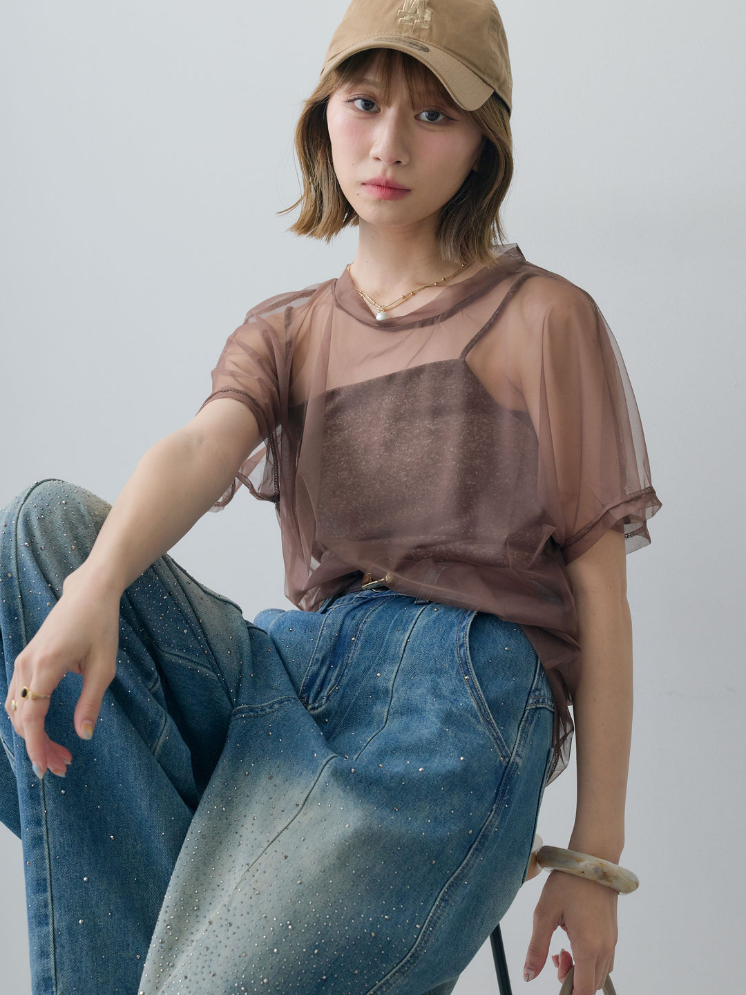 [SET]インナーキャミ付シアーオーバーTEE+フロントビジューカーブデニムパンツ(2set)