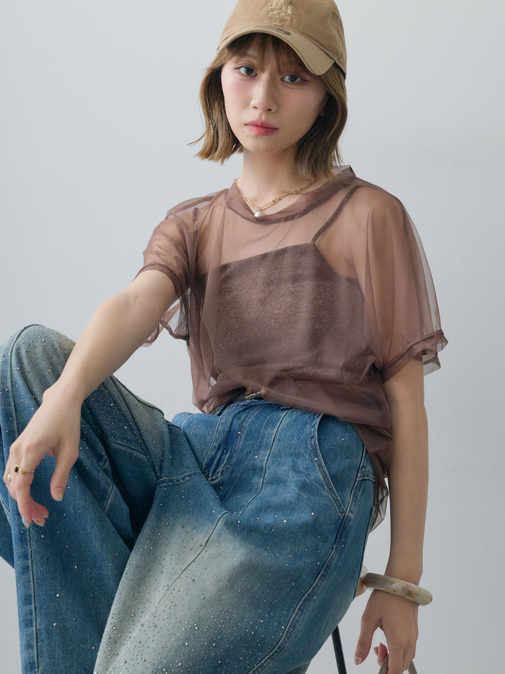 [SET]インナーキャミ付シアーオーバーTEE+フロントビジューカーブデニムパンツ(2set)