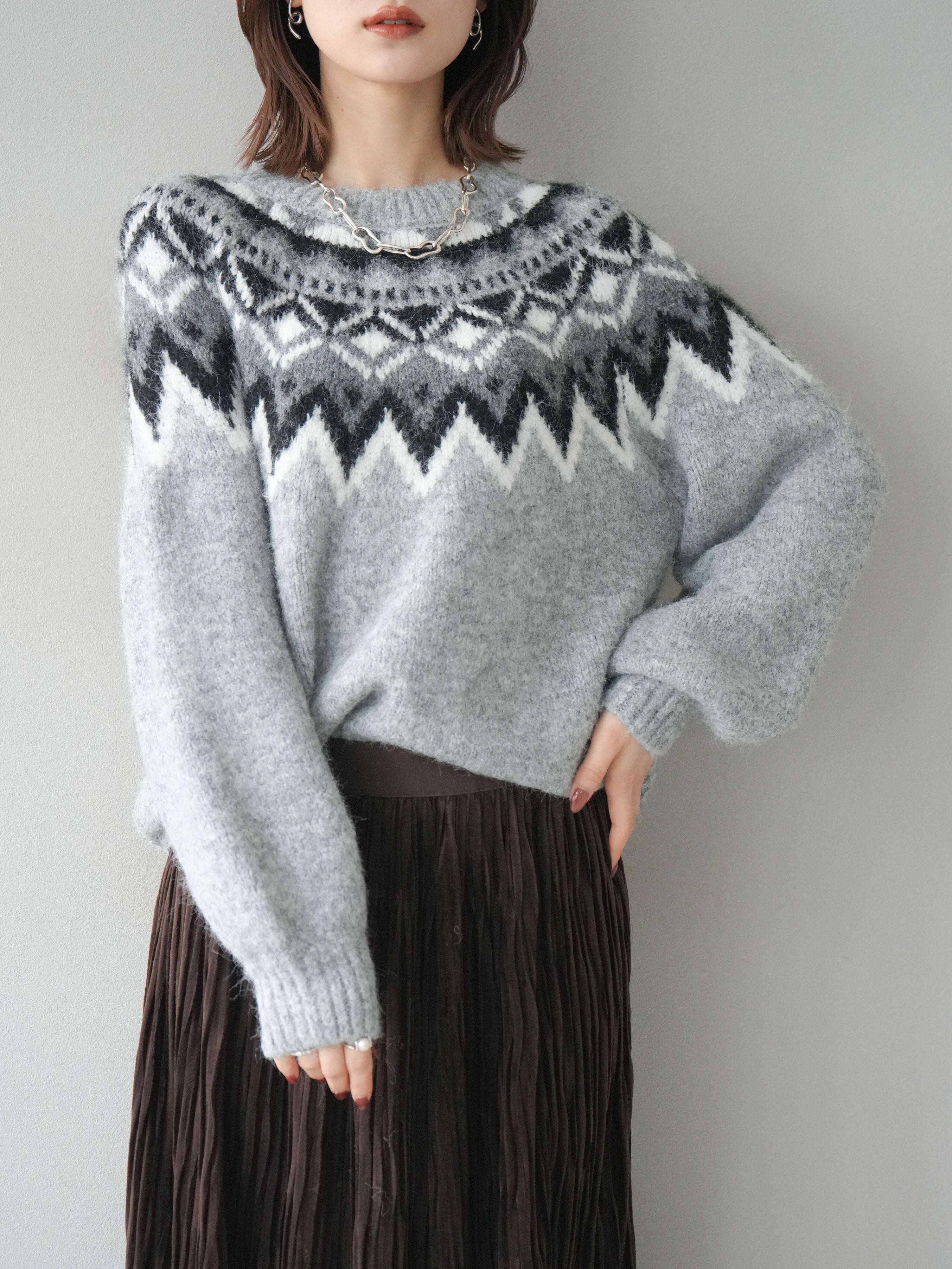 予約]求心柄オーバーニットプルオーバー/gray – Lumier