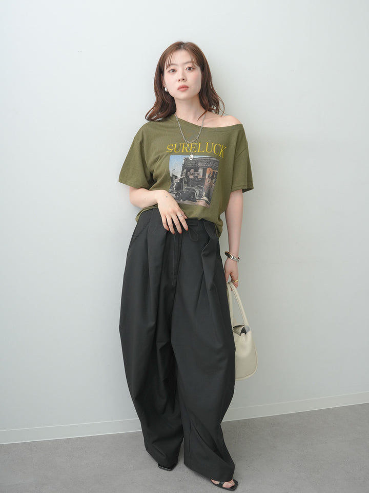 [SET]ワイドネックプリントTEE+ベルトループカーブタックワイドパンツ(2set)
