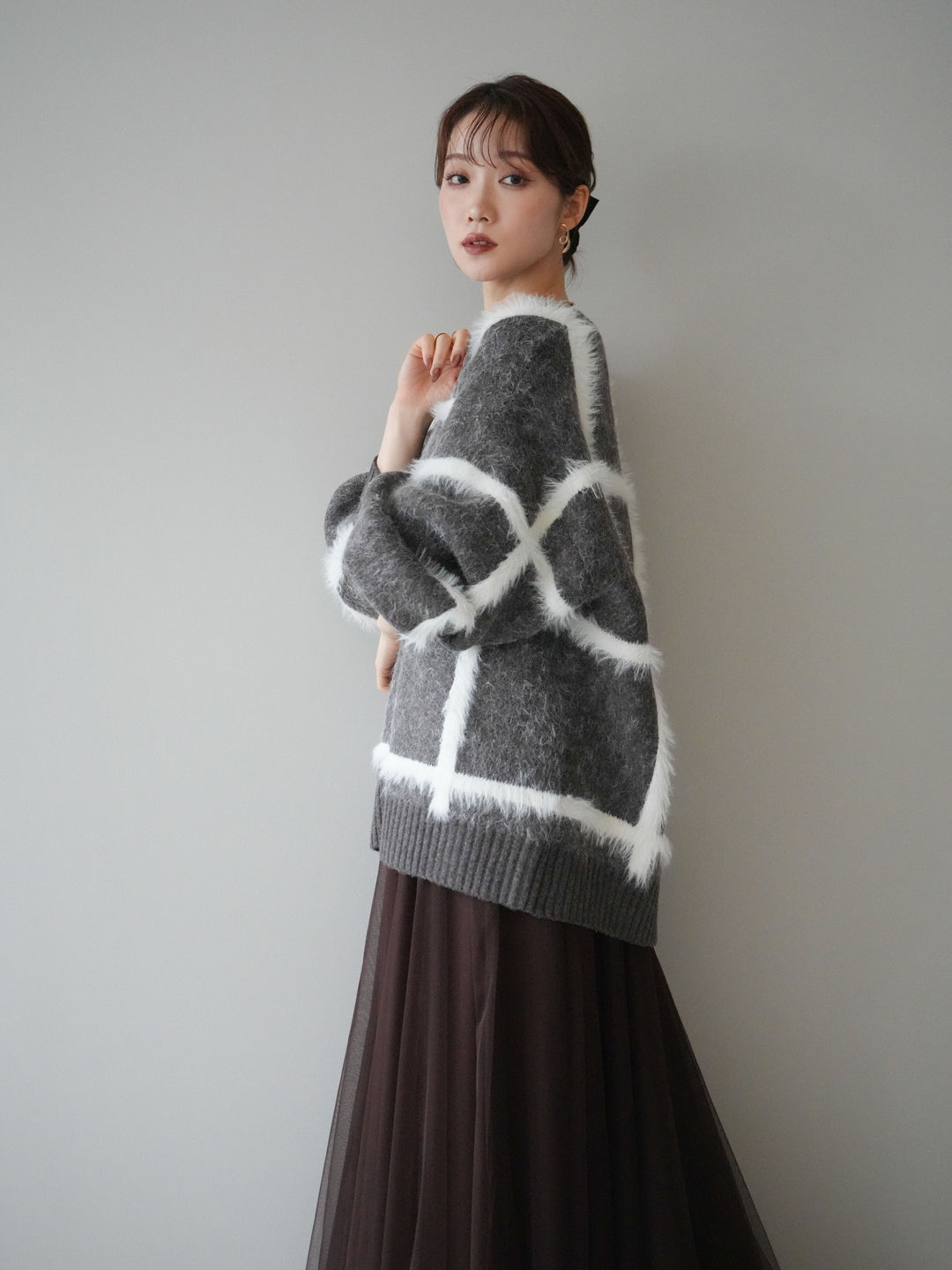 [予約]ミックスシャギーチェックカーディガン/brown