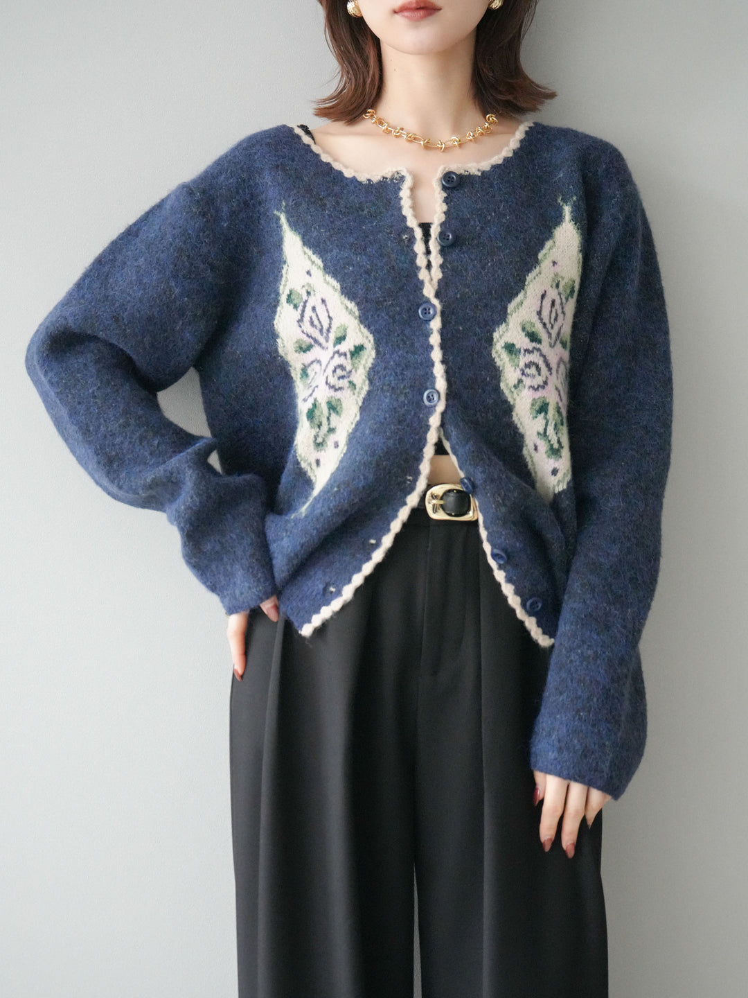 [予約]アンティークフラワージャガードニットカーディガン/navy