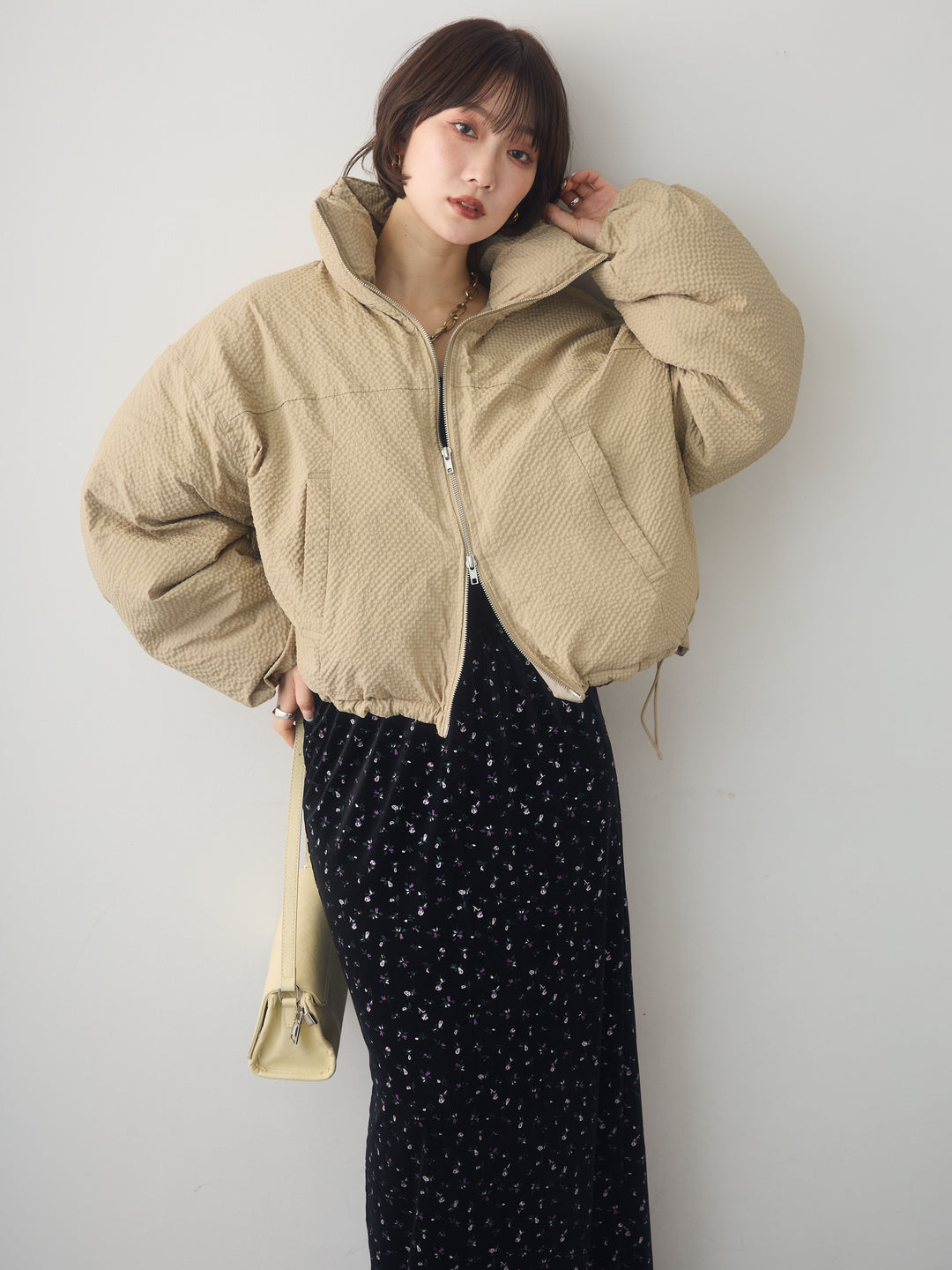 [予約]スタンドカラーショートパフジャケット/beige