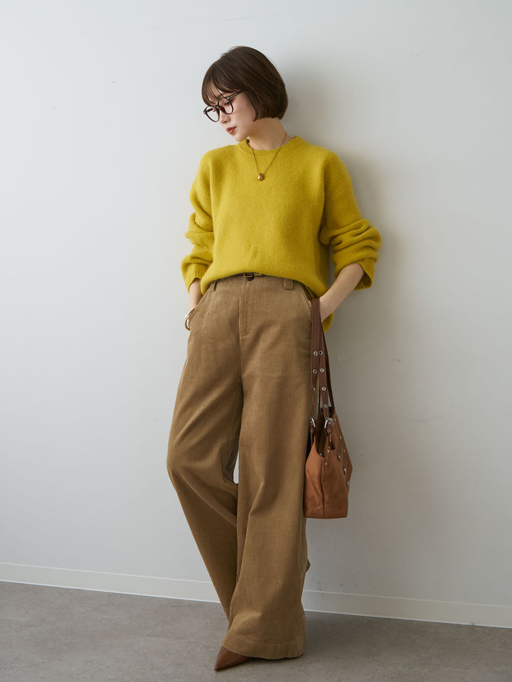[SET]ソフトシャギークルーネックプルオーバー+ベルト付コーディロイワイドストレートパンツ(2set)