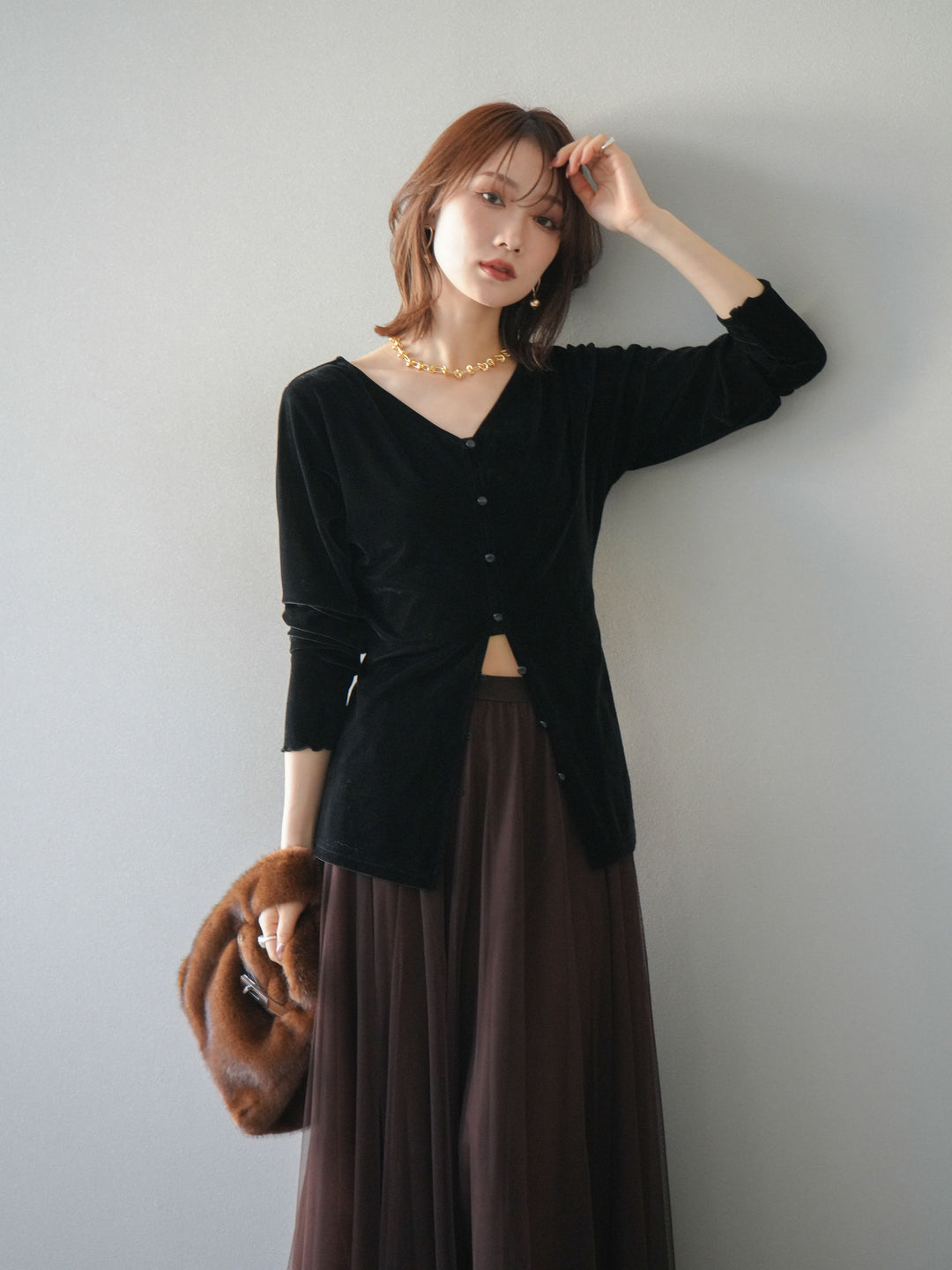 [予約]ベロアカーディガン/black