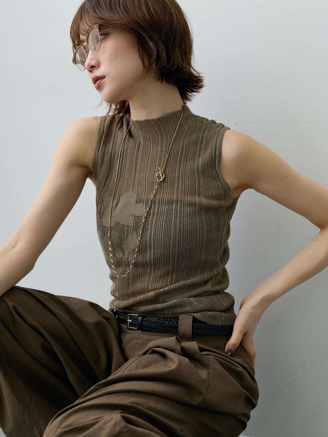 [予約]フラワーシアーランダムリブノースリトップス/khaki