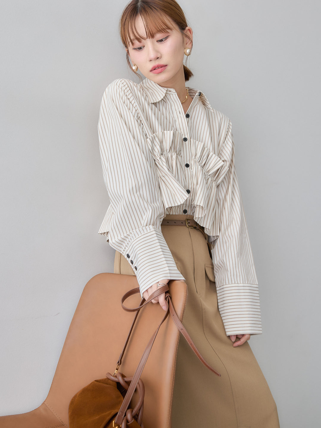 [SET]ストライプフリルシャツ+クレープデシンフラップ付きストレートスカート(2set)