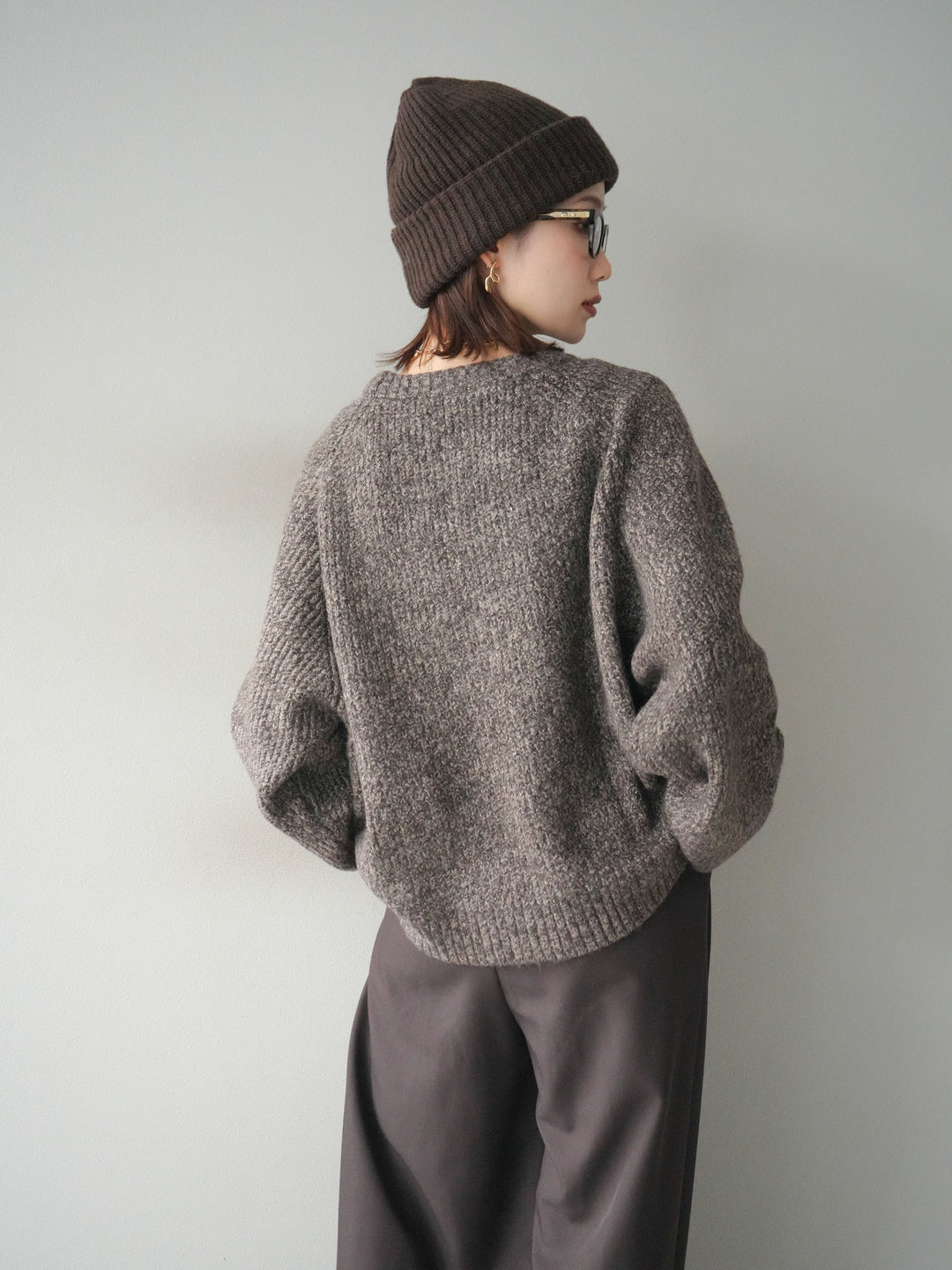 [予約]クルーネック畦編みミックスニット/brown