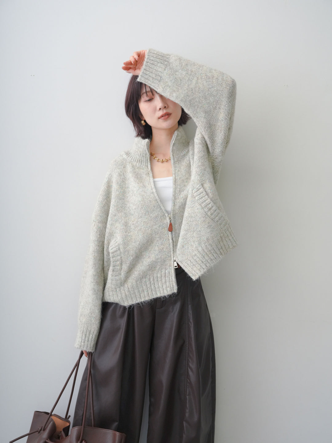 【套裝】混色雙拉鍊針織衫 + 混色雙拉鍊針織衫（兩件套）