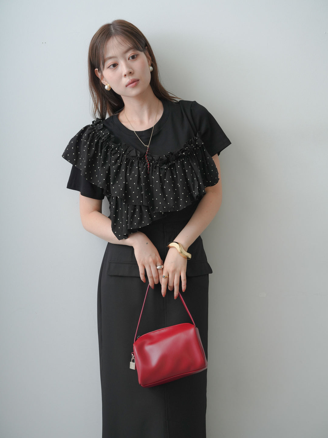 [SET]ドットギャザーフリルデザインTEE+クレープデシンフラップ付きストレートスカート(2set)