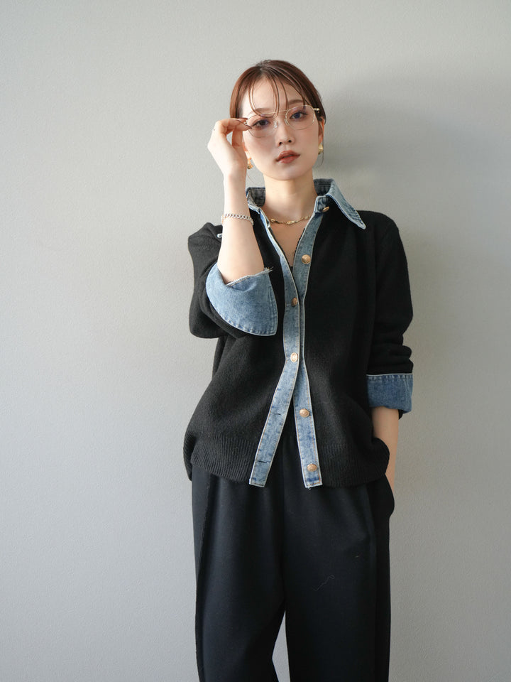 [予約]デニム襟ボタンニットカーディガン/black