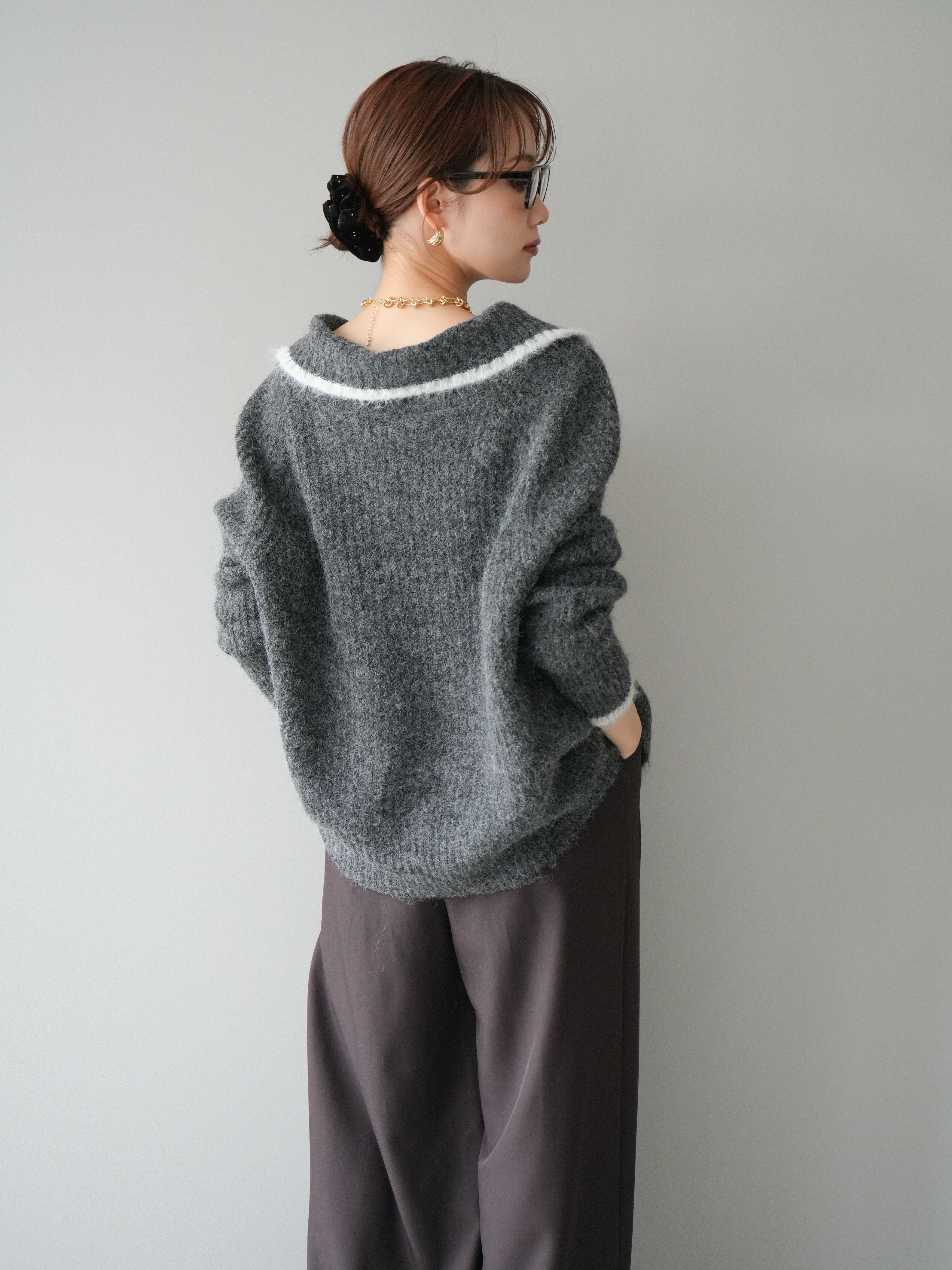 予約]襟付きバイカラーミックスニットカーディガン/gray – Lumier