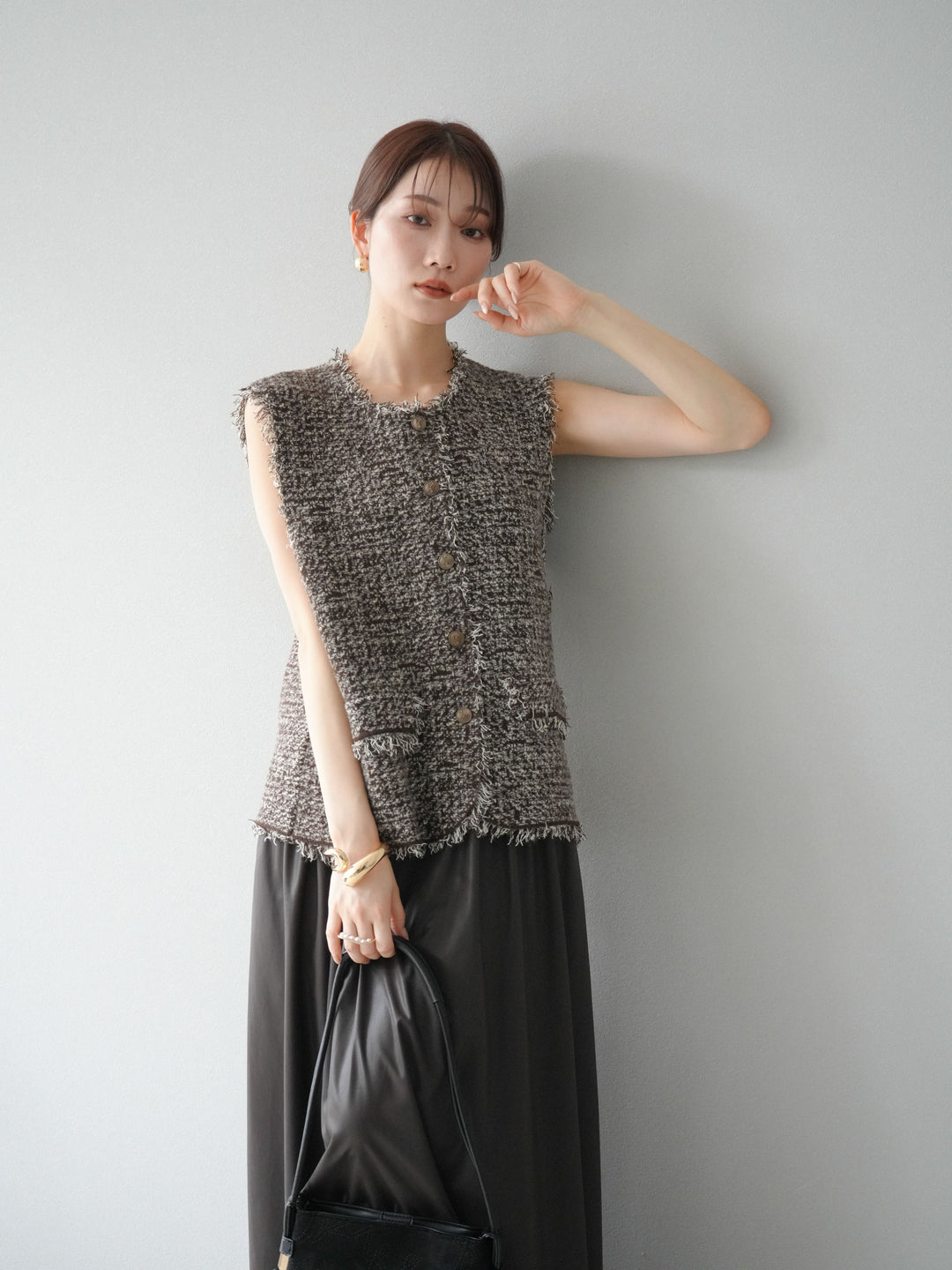 [予約]ミックスツイードフリンジニットベスト/ブラウン