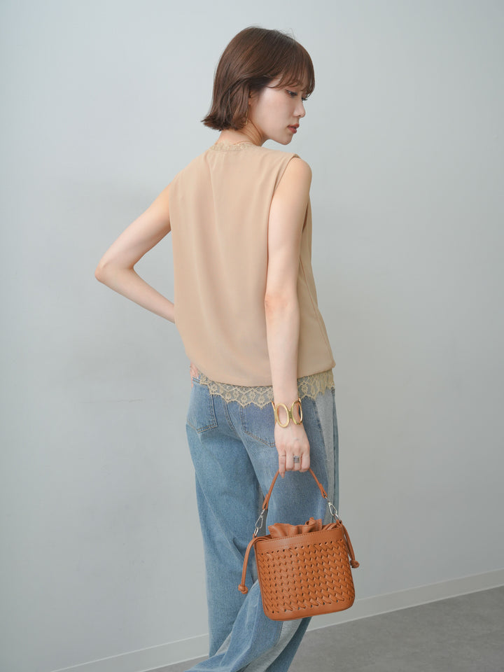 [予約]レースレイヤードカシュクールノースリブラウス/beige