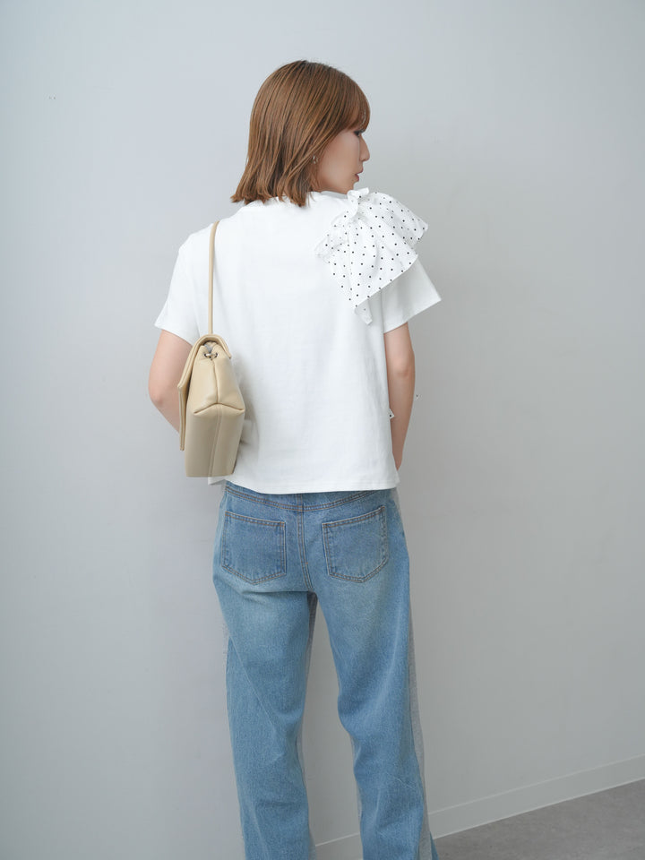 [SET]ドットギャザーフリルデザインTEE+デニム切替スウェットパンツ(2set)