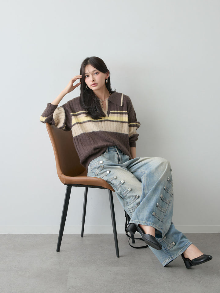 [予約]マルチボーダー起毛スキッパーニットトップス/mochacharcoal