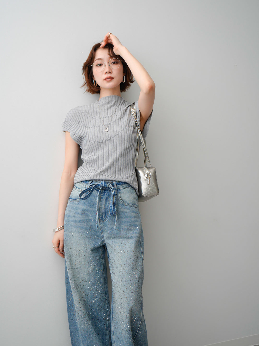 [予約]モードラインリブフレンチニットトップス/gray