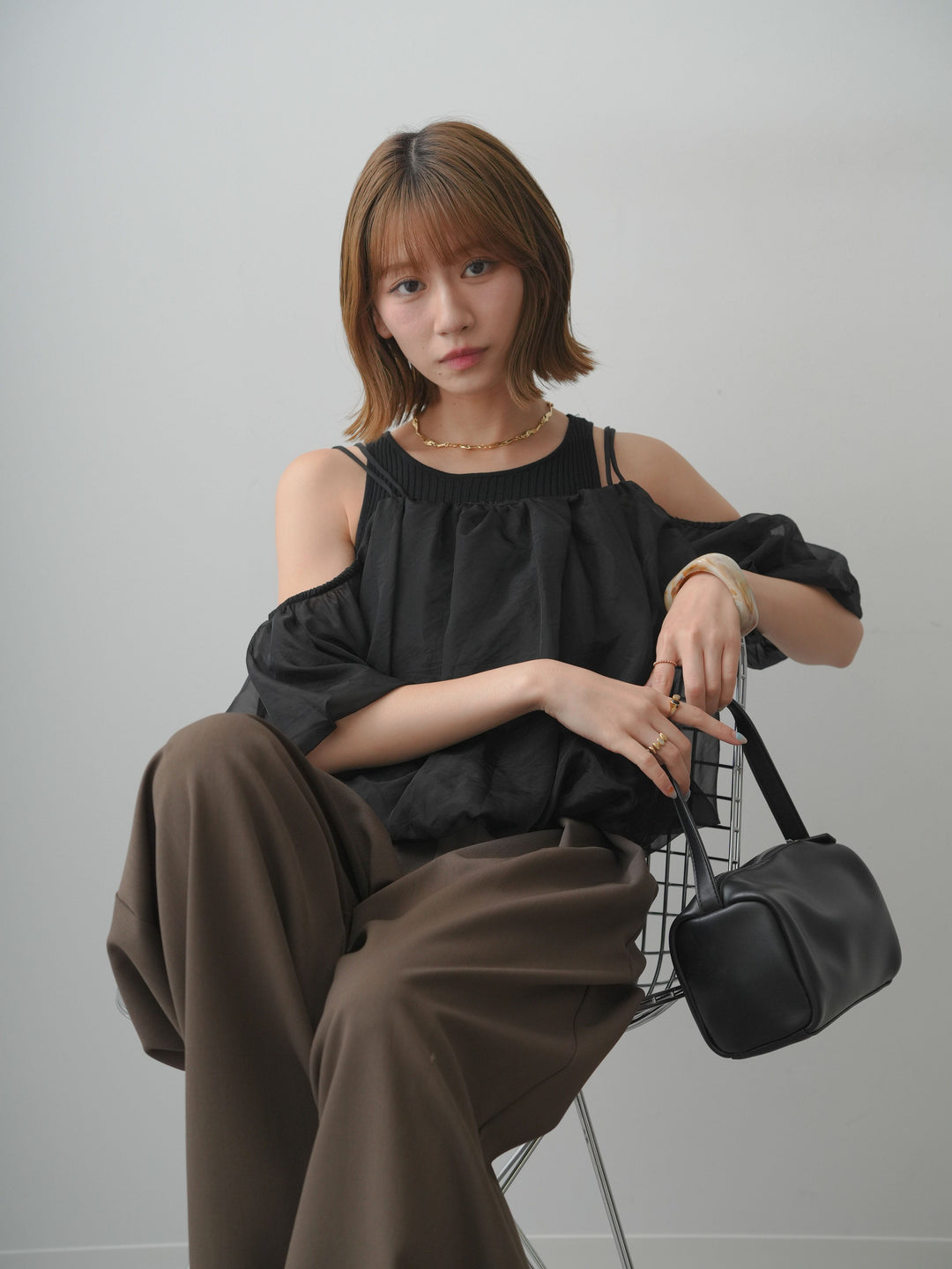 [SET]リブタンク付シアーバルーン半袖トップス+クレープデシンタックワイドパンツ(2set)