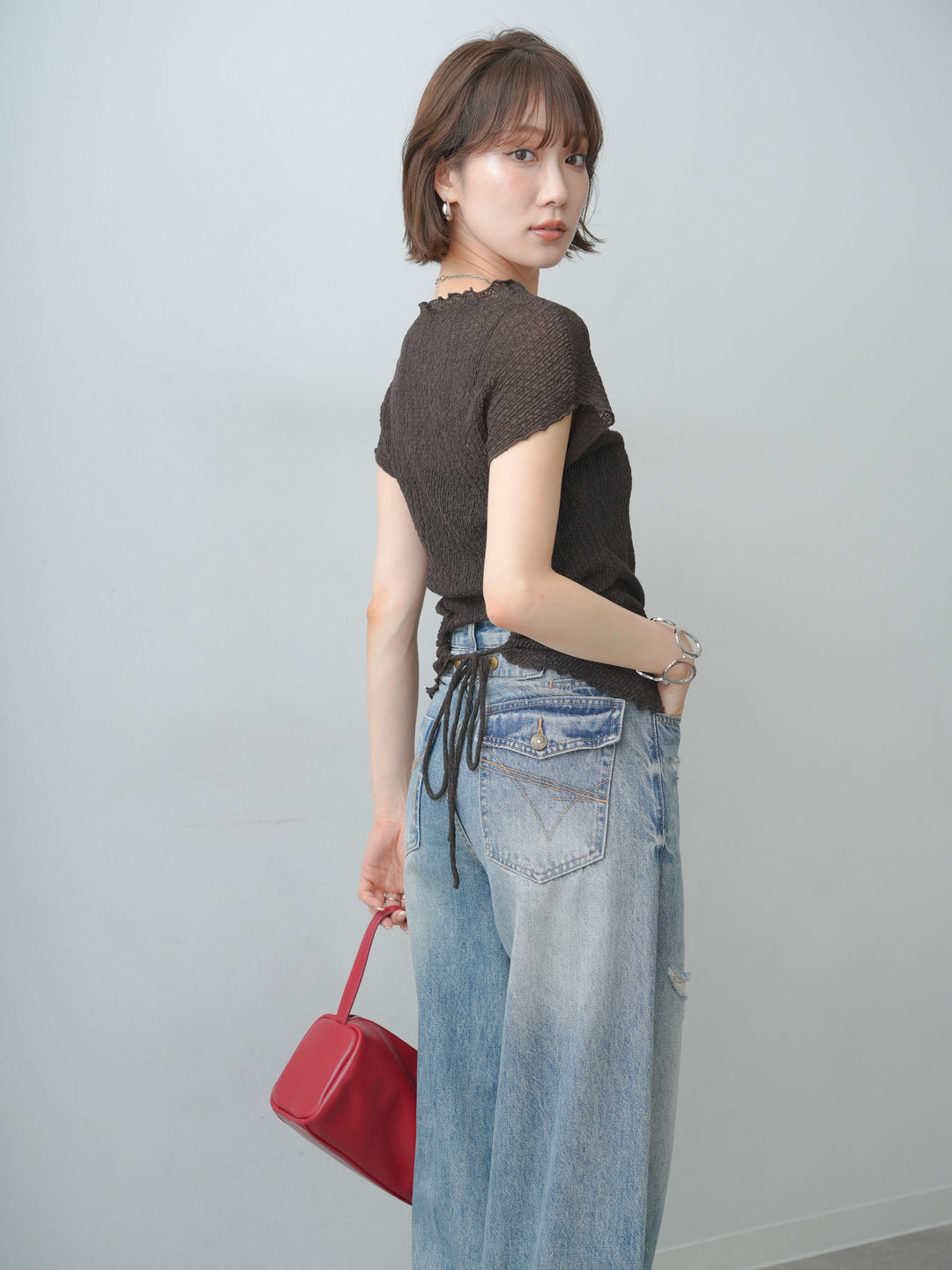 [SET]シャーリングシアーバックオープンフレンチトップス+選べるアクセセット(2set)