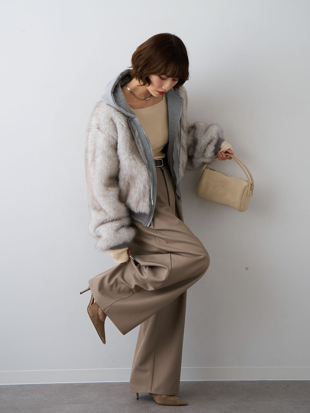 [SET]スウェットファードッキングフードブルゾン+ツイルタックワイドパンツ(2set)