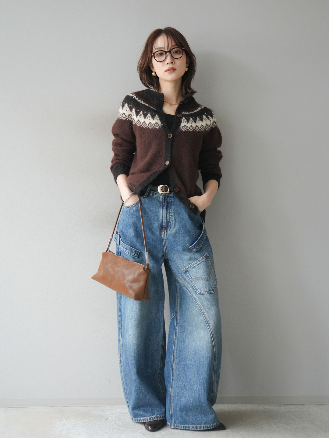 [SET]ノルディック柄ニットカーディガン+ペインターカーブデニムパンツ(2set)