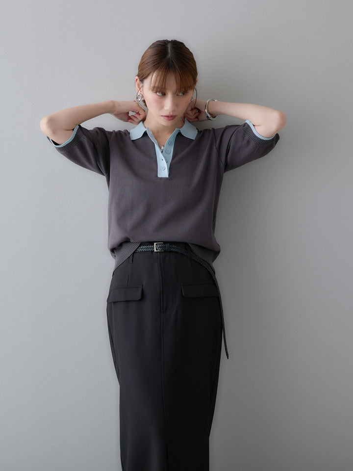 [SET]クールタッチバイカラーハーフニットポロ+クレープデシンフラップ付きストレートスカート(2set)