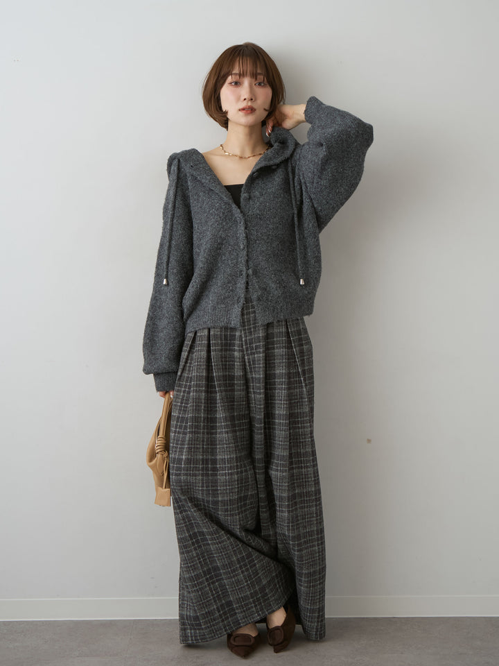 [SET]アルパカタッチソフトリブフードニットトップス+チェックダブルタックワイドパンツ(2set)