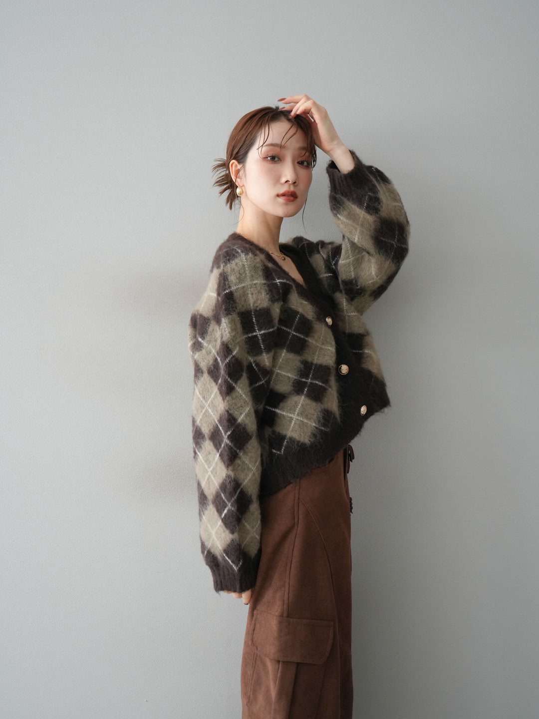 [予約]アーガイルシャギーニットカーディガン/brown
