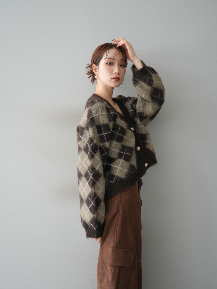 [予約]アーガイルシャギーニットカーディガン/brown