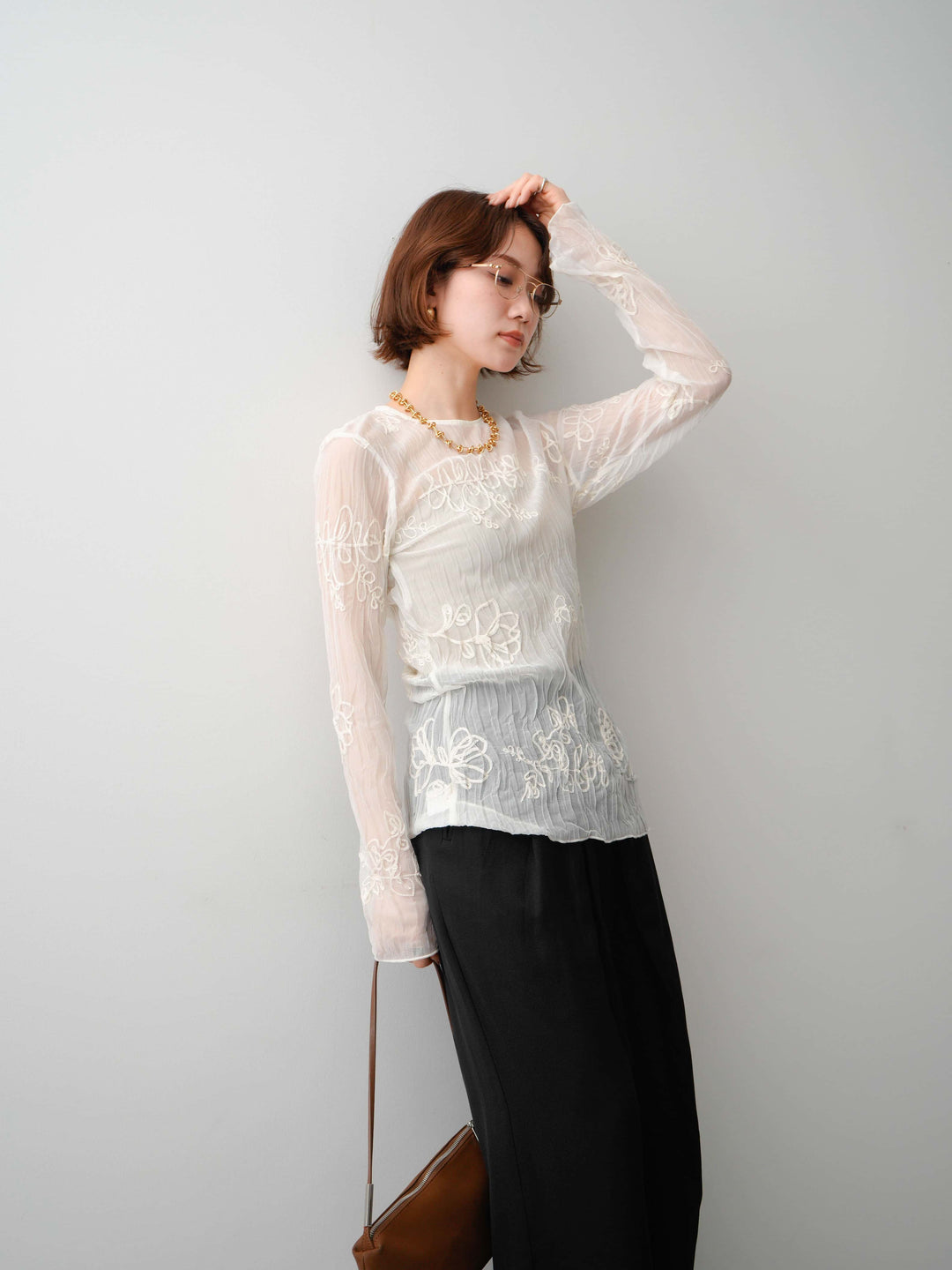 [SET]コード刺繍シアーロングスリーブトップス+選べるアクセセット(2set)