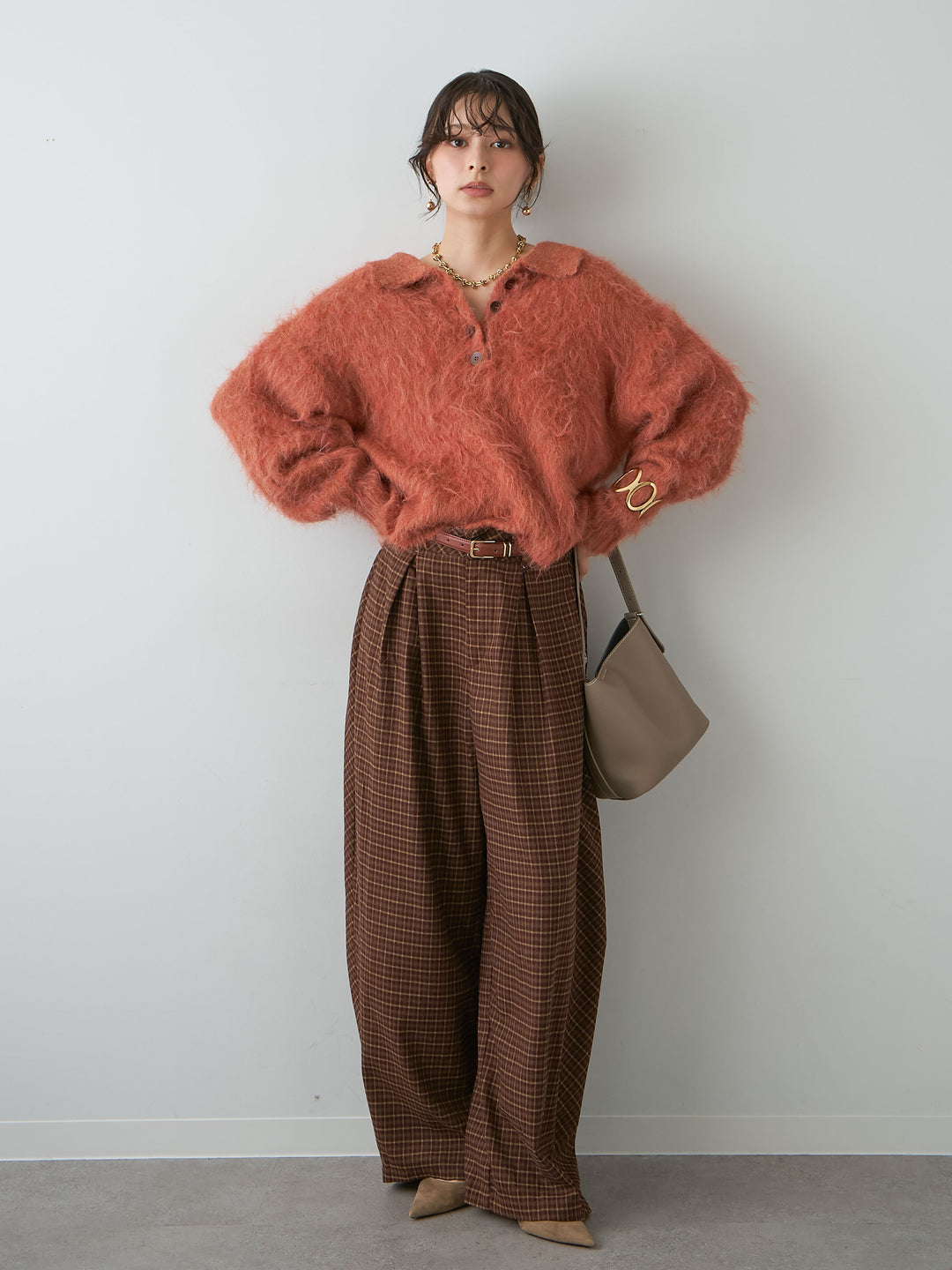 [SET]ヘンリーシャギーニットトップス+チェックタックワイドパンツ(2set)