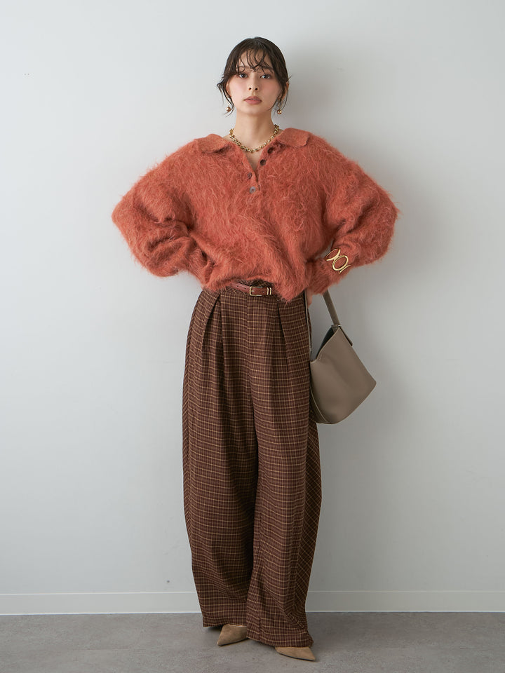 [SET]ヘンリーシャギーニットトップス+チェックタックワイドパンツ(2set)