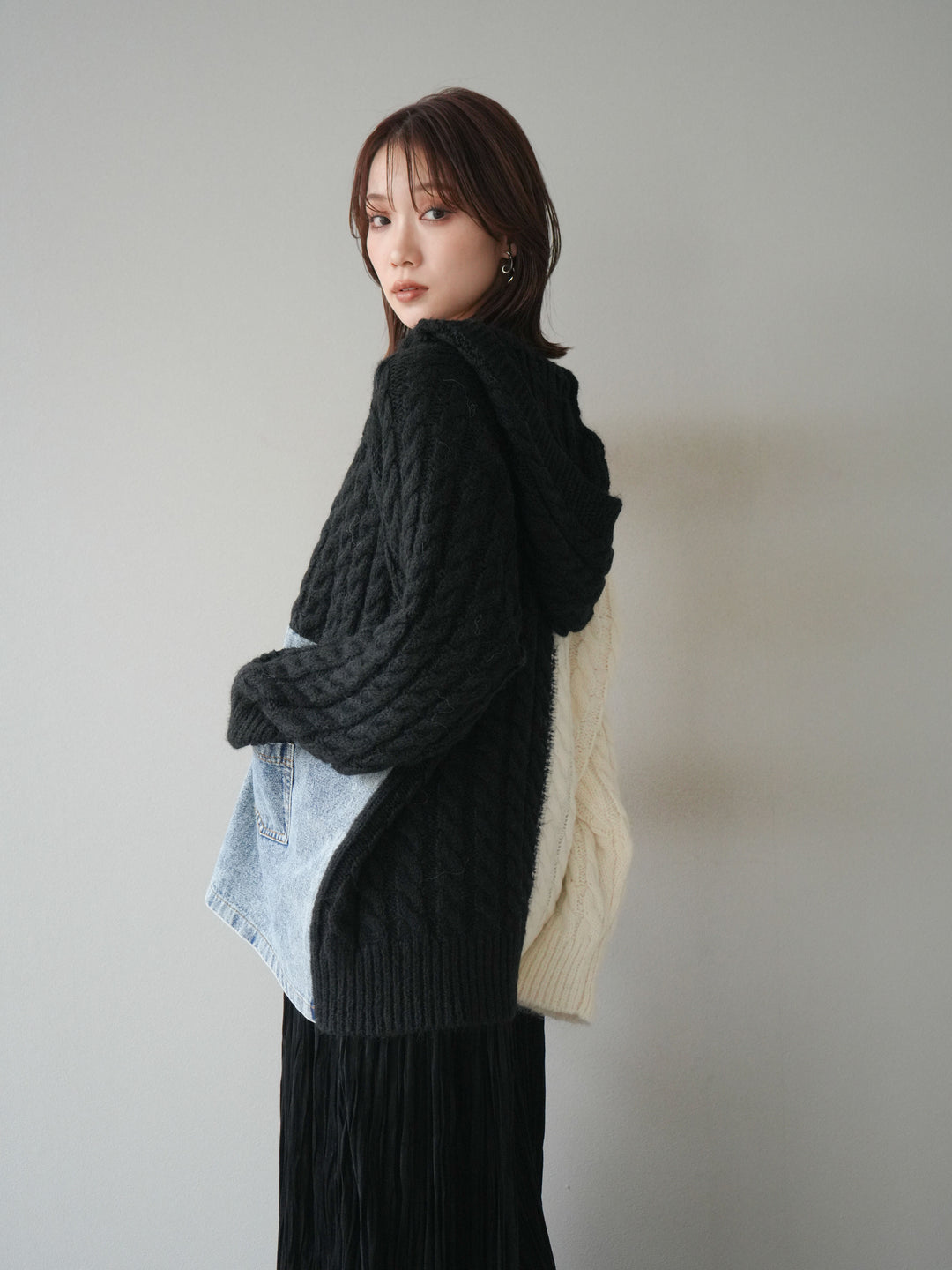 [予約]デニム×バイカラーニットZIPフーディ/black