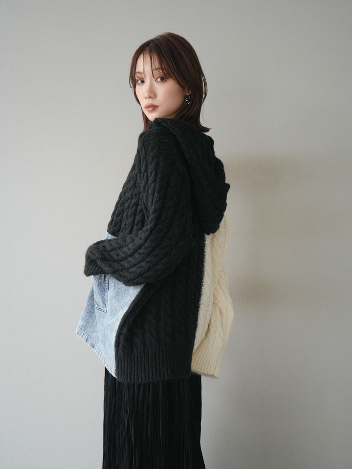 [予約]デニム×バイカラーニットZIPフーディ/black