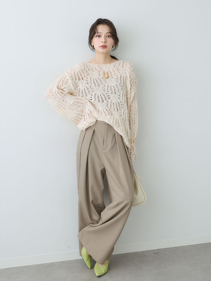 [SET]ミックスループ透かし編みニットトップス+ツイルタックワイドパンツ(2set)