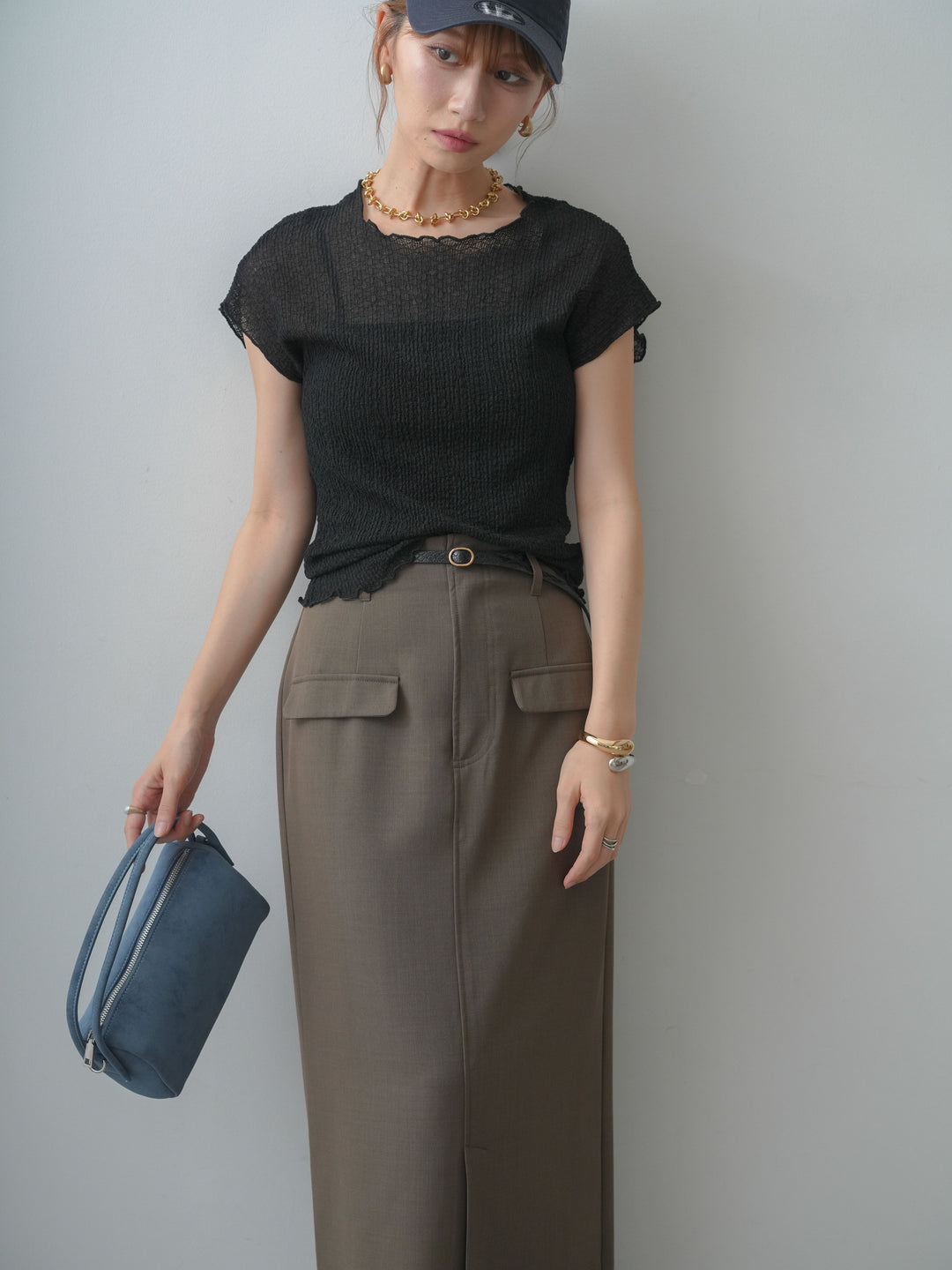 [SET]シャーリングシアーバックオープンフレンチトップス+クレープデシンフラップ付きストレートスカート(2set)