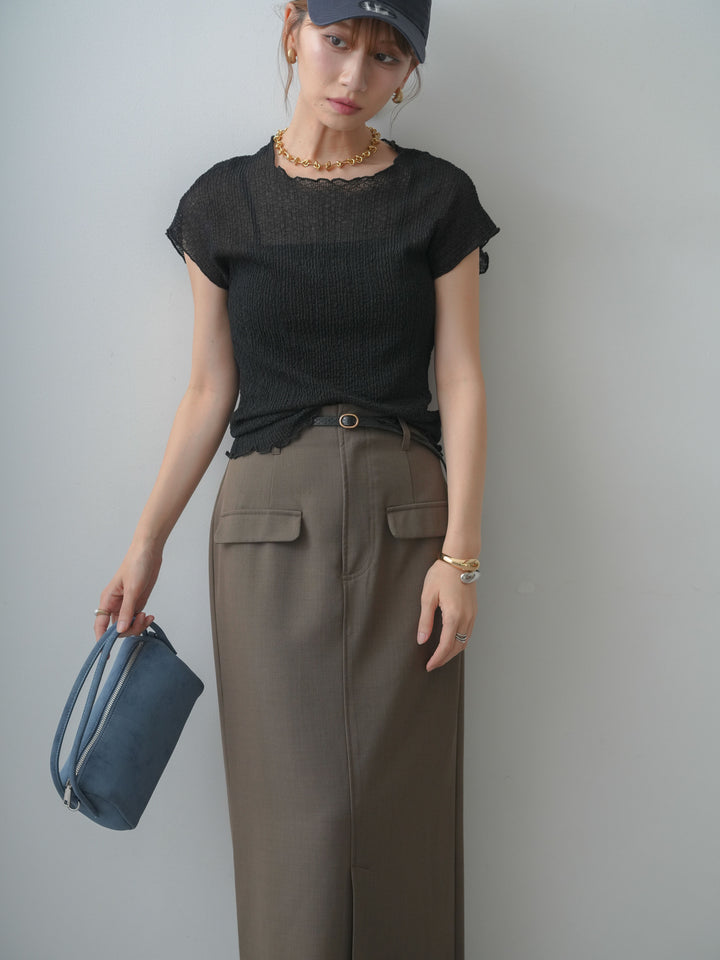 [SET]シャーリングシアーバックオープンフレンチトップス+クレープデシンフラップ付きストレートスカート(2set)