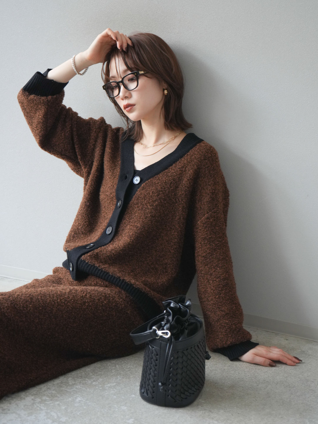 [SET]ブークレバイカラーニットカーディガン+ブークレバイカラータイトニットスカート(2set)