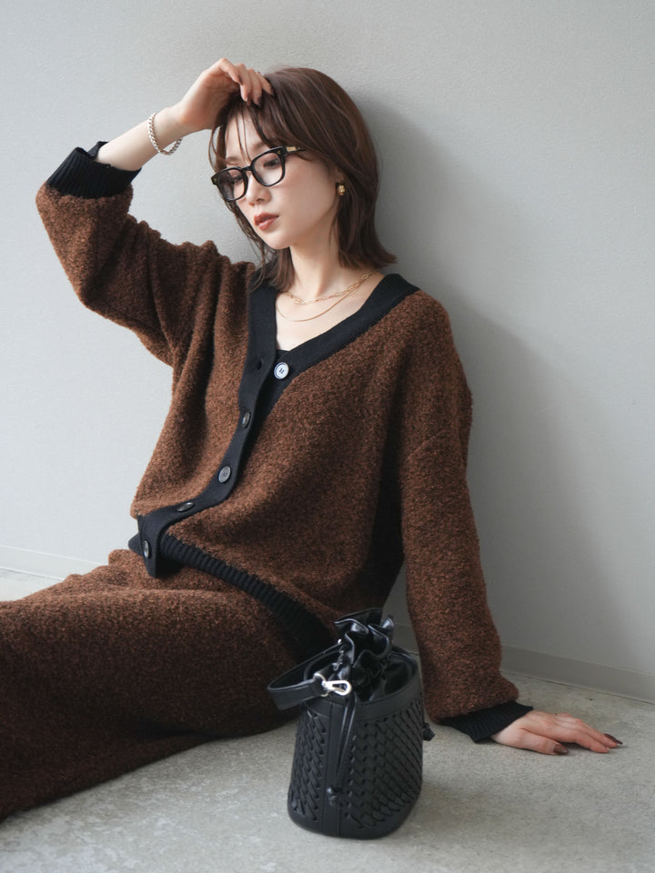 [SET]ブークレバイカラーニットカーディガン+ブークレバイカラータイトニットスカート(2set)