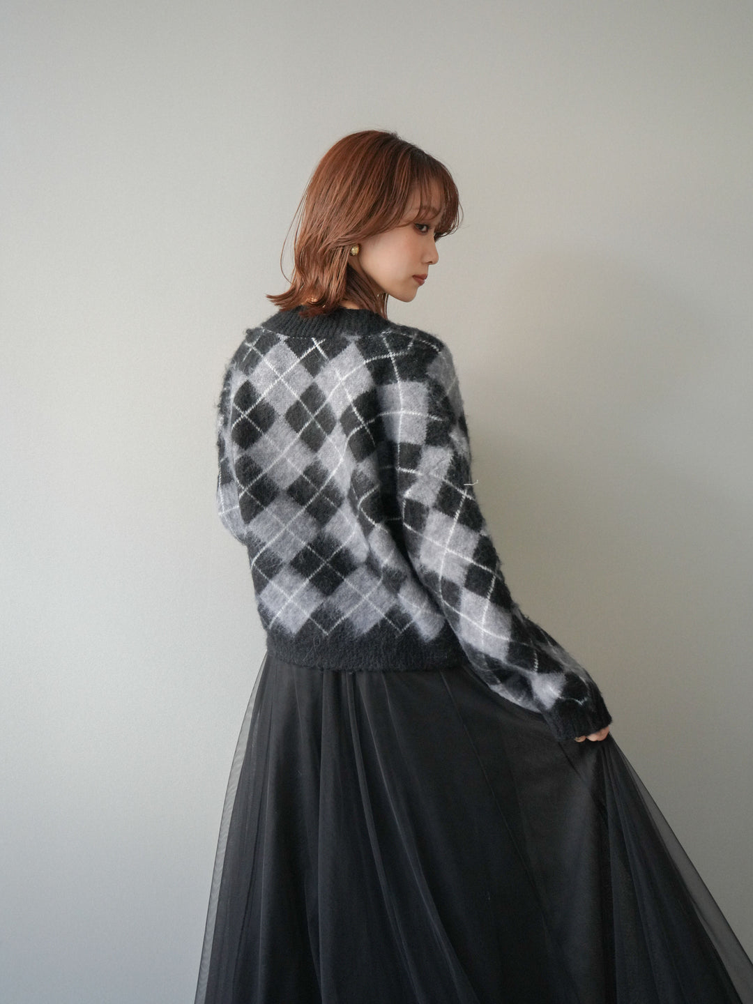 [予約]アーガイルシャギーニットカーディガン/gray