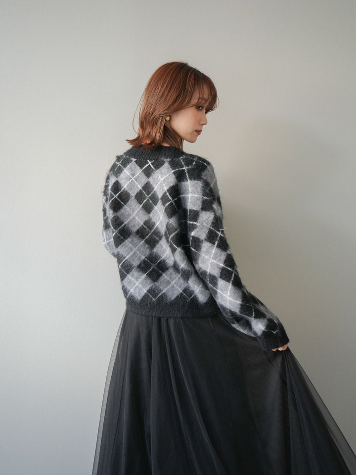 [予約]アーガイルシャギーニットカーディガン/gray