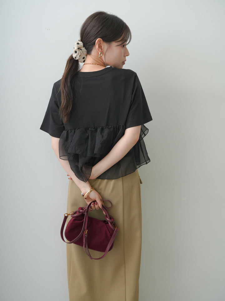 [SET]オーガンジーフリルドッキングTEE+クレープデシンフラップ付きストレートスカート(2set)