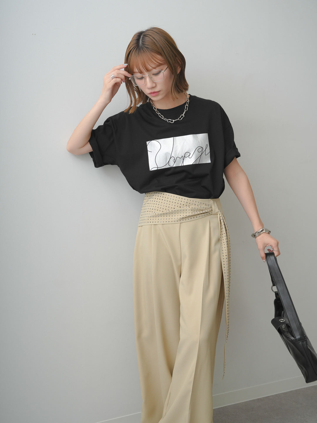 [SET]箔プリントボックスTEE+ビジューベルトタックワイドパンツ(2set)