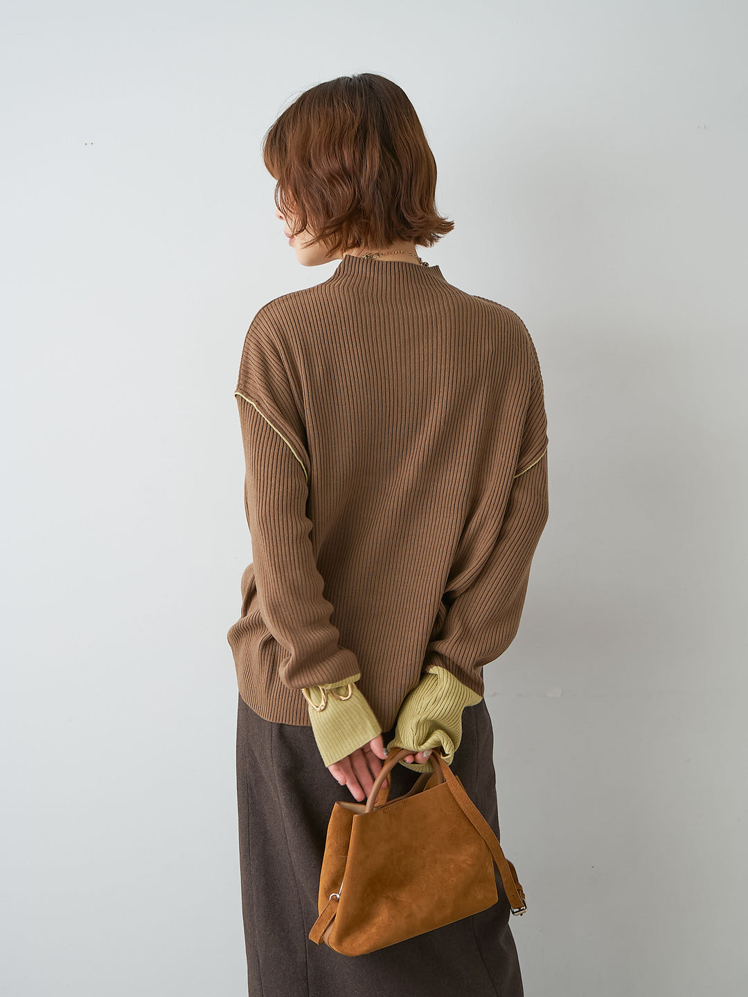 [予約]バイカラーモックネックリブニットトップス/brown