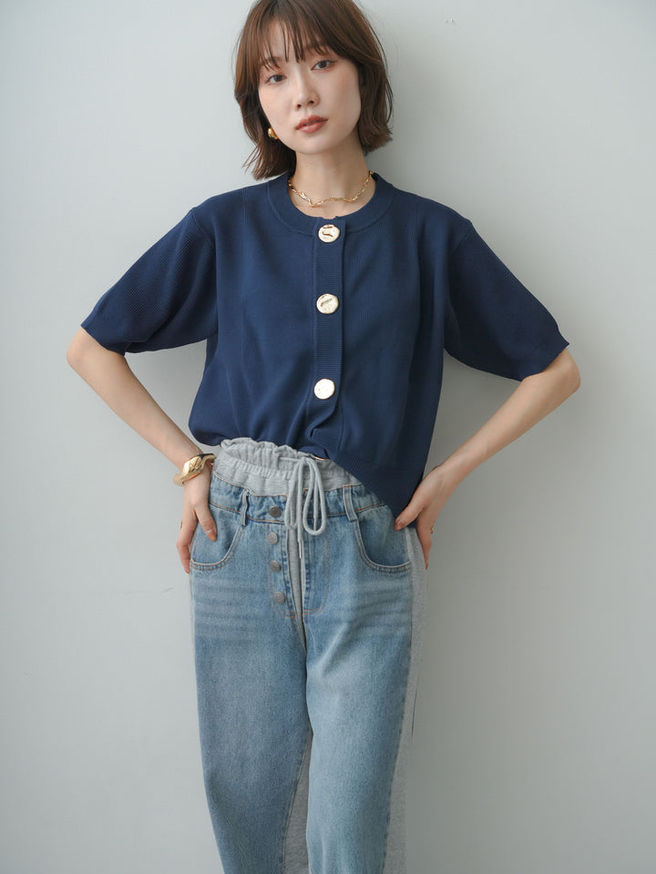 [予約]ゴールドボタンハーフニットカーディガン/navy