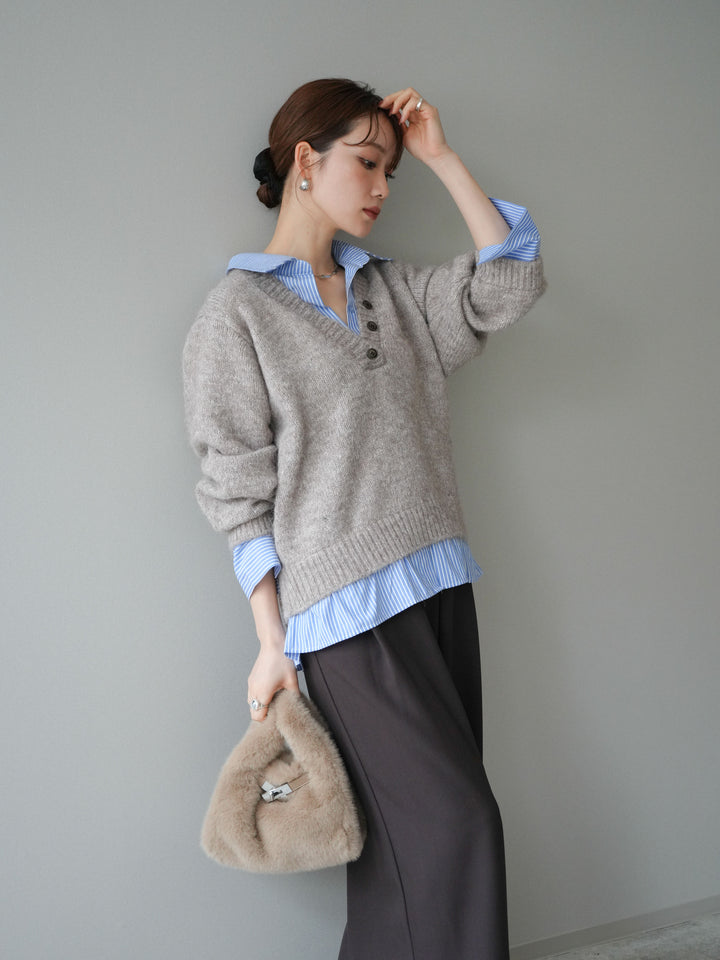 [SET]ストライプシャツドッキングMIXヤーンニットプルオーバー+ベルトループデザインワイドパンツ(2set)